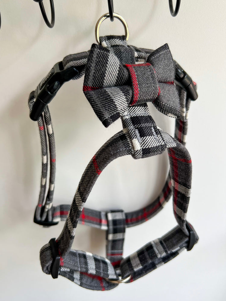 Light Grey + Red Stripe Tartan Dog Harness